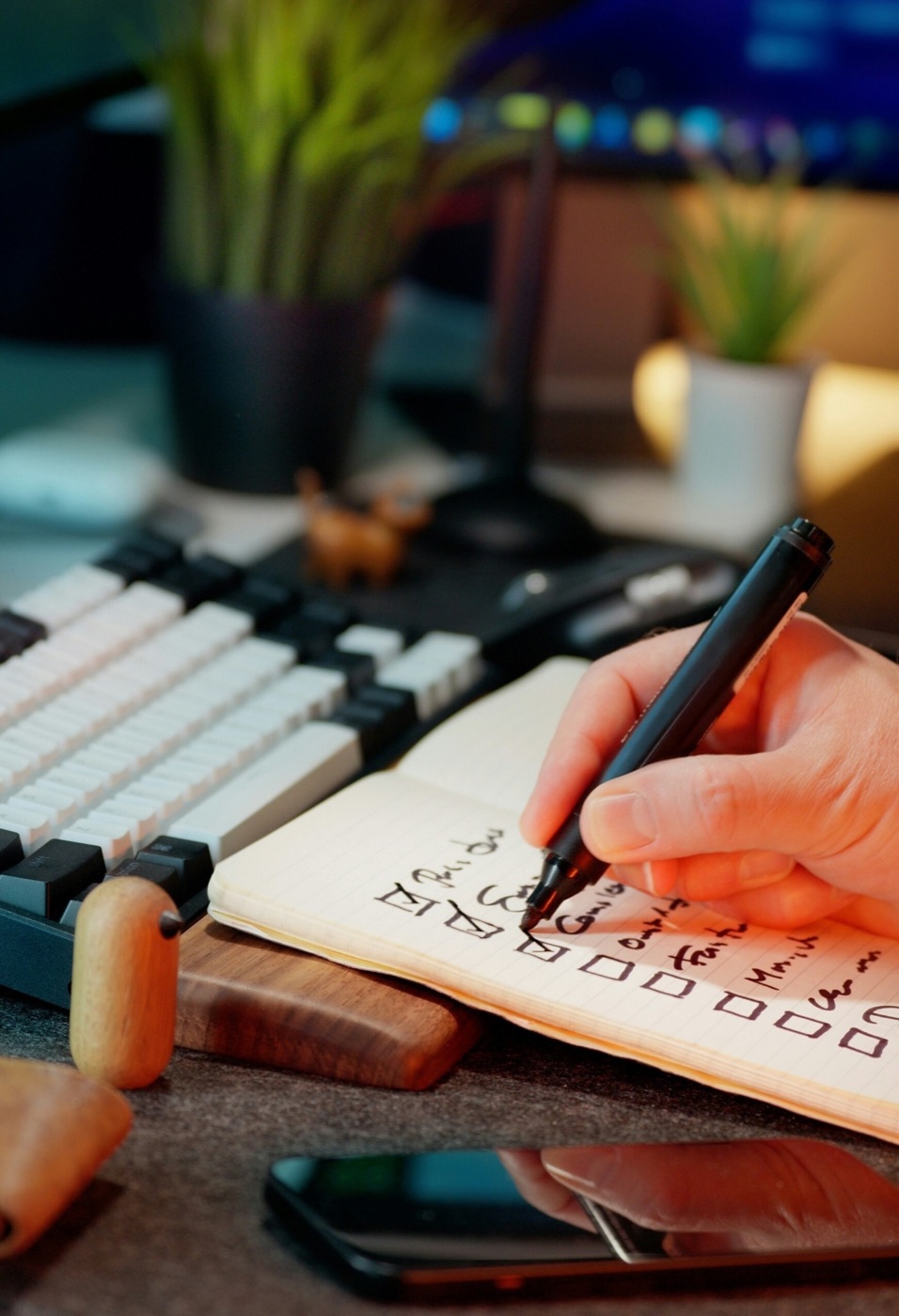 Hand writing a checklist beside a keyboard