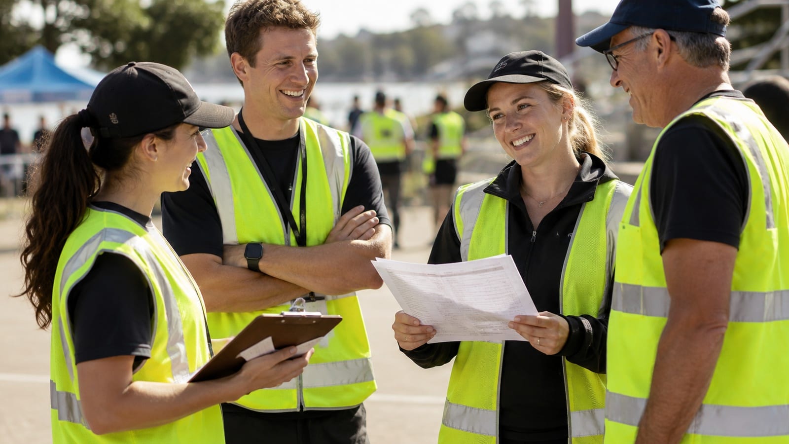 Four volunteers in hi-vis vests talking together at an outdoor waterside event, one holding a printed run sheet and another a clipboard