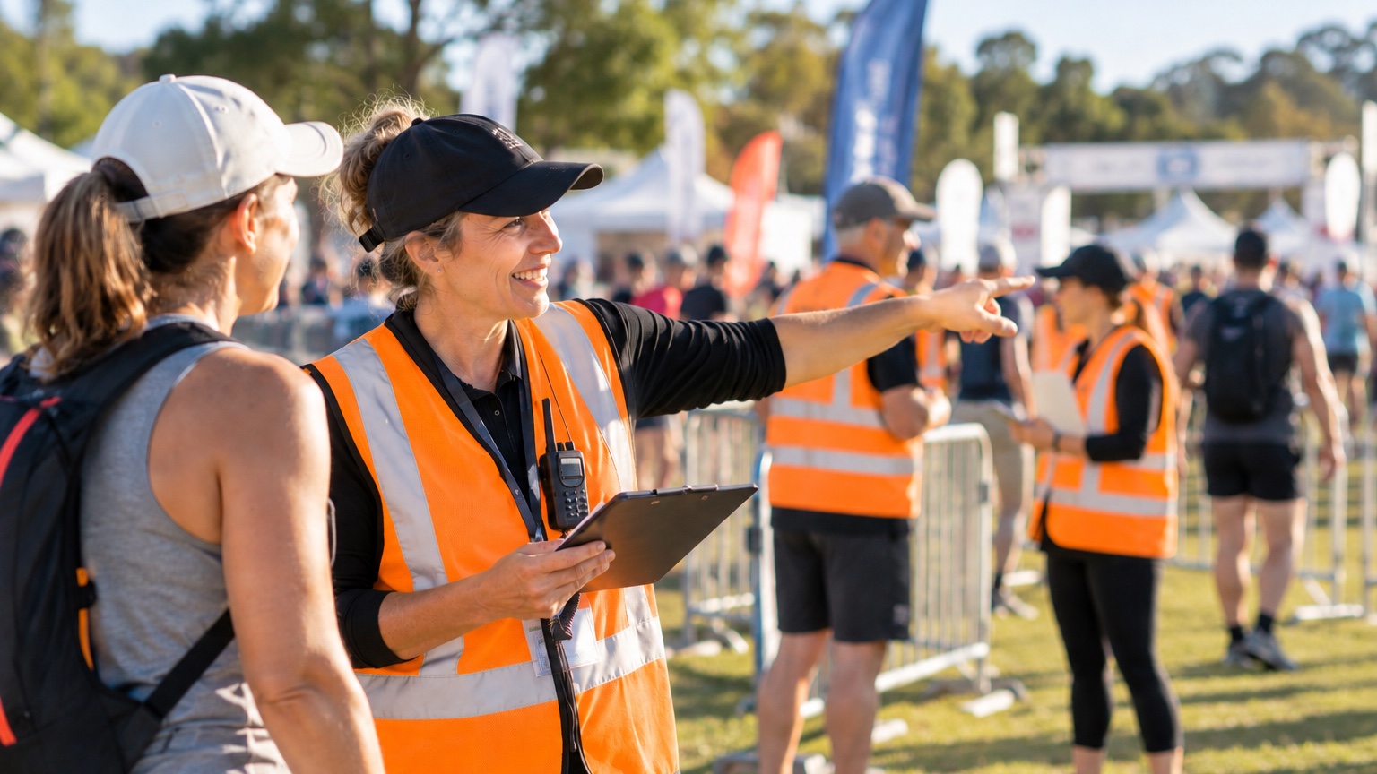 A volunteer coordinator in a high-vis vest holding a clipboard, smiling and pointing to direct a volunteer at an outdoor event